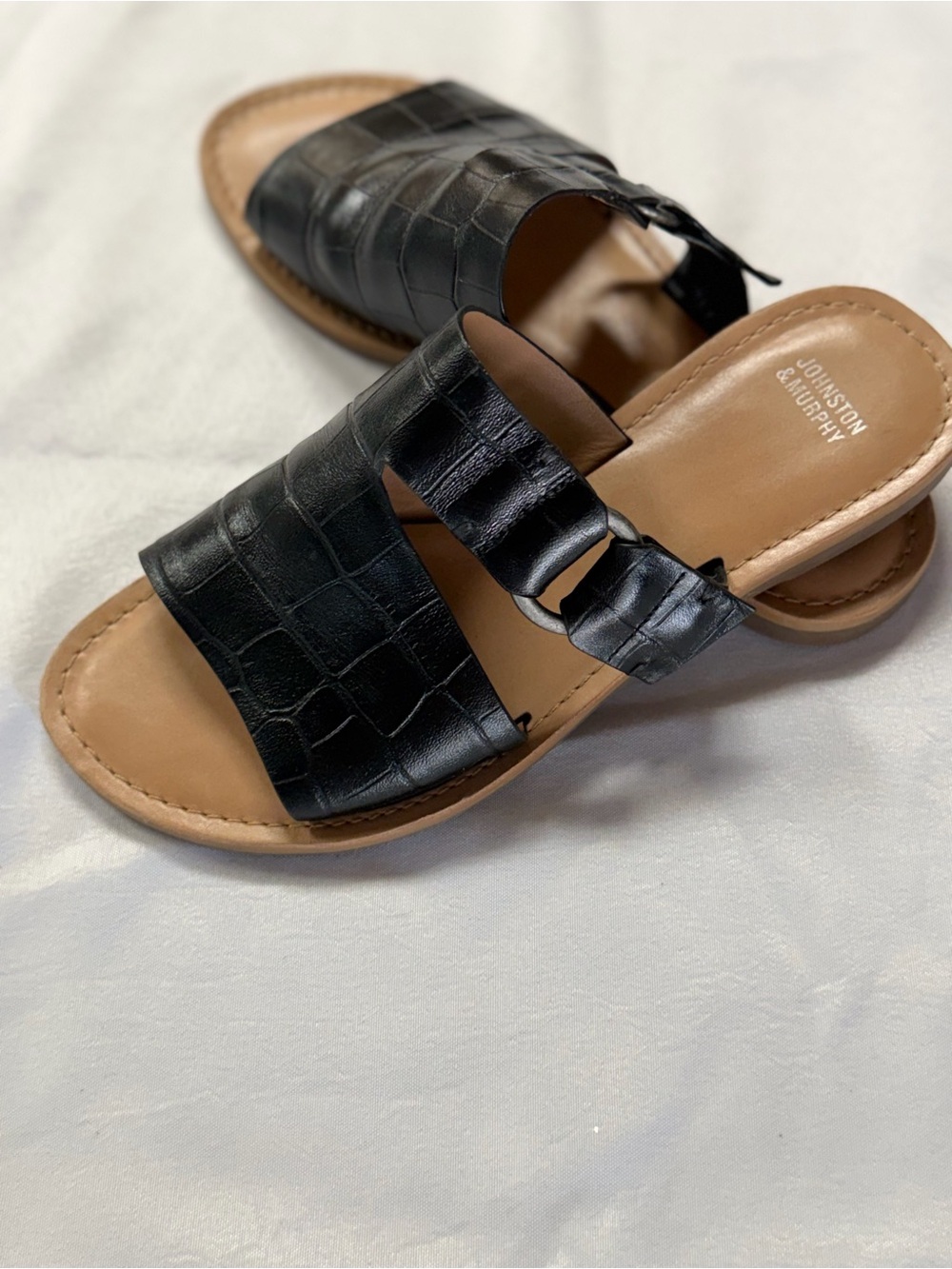 Johnston & Murphy Black Croc-Embossed Slide Sandals with Tan Footbed